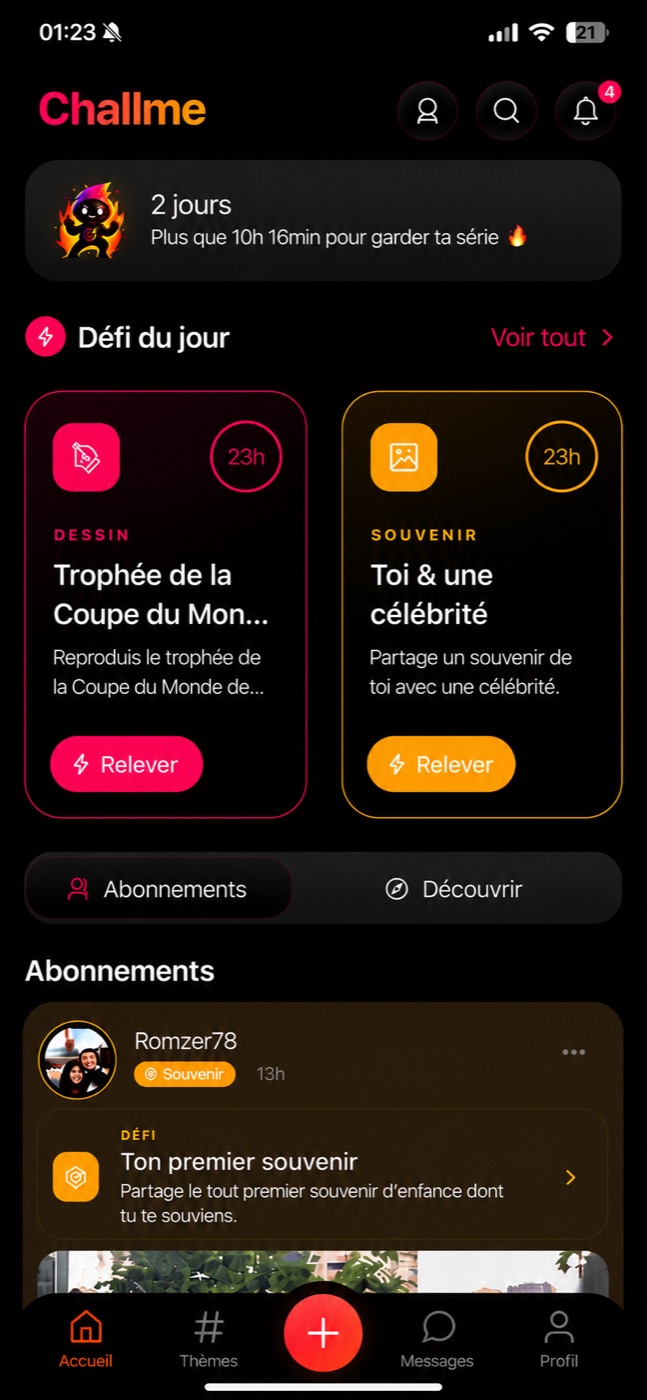 L'accueil de Challme : le défi du jour et le feed de tes amis