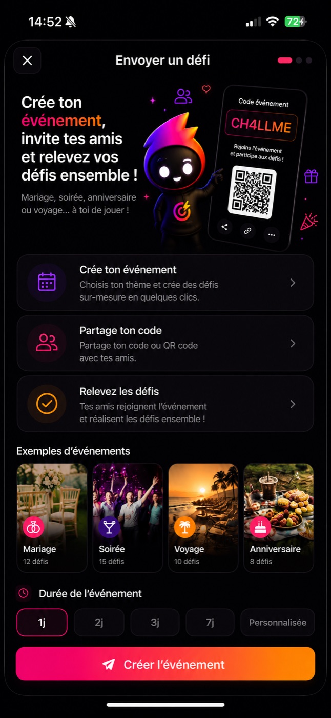 Créer un événement Challme : code à partager, QR code et défis à relever ensemble